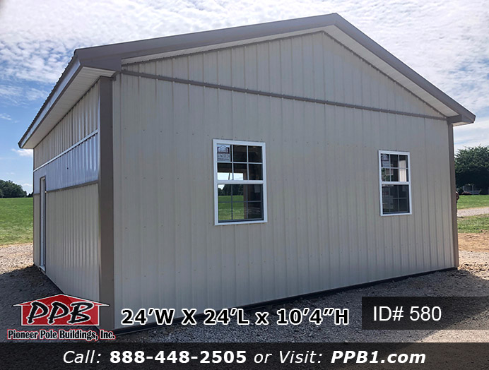 580 – Beige Two-Car Garage With Sidelights 24x24x10 4 Pole Building Dimensions: 24’ W x 24’ L x 10’ 4” H (ID# 580) Two-Car Garage with Sidelights 24’ Standard Trusses, 4’ on Center 4/12 Pitch Colors: Siding Color: Beige Roofing Color: Tan Trim Color: Tan