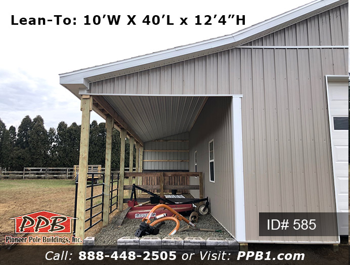 585 – Residential Nice Size Garage with Lean-To 30x40x12 4 Pole Building Dimensions: 30’ W x 40’ L x 12’ 4” H (ID# 585) A Nice Size Garage with Lean-To 30’ Standard Trusses, 2’ on Center 5/12 Pitch Colors: Siding Color: Clay Roofing Color: Weathered Wood (Architectural Shingles) Trim Color: White