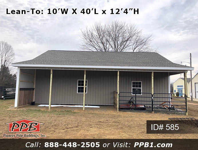 585 – Residential Nice Size Garage with Lean-To 30x40x12 6 Pole Building Dimensions: 30’ W x 40’ L x 12’ 4” H (ID# 585) A Nice Size Garage with Lean-To 30’ Standard Trusses, 2’ on Center 5/12 Pitch Colors: Siding Color: Clay Roofing Color: Weathered Wood (Architectural Shingles) Trim Color: White