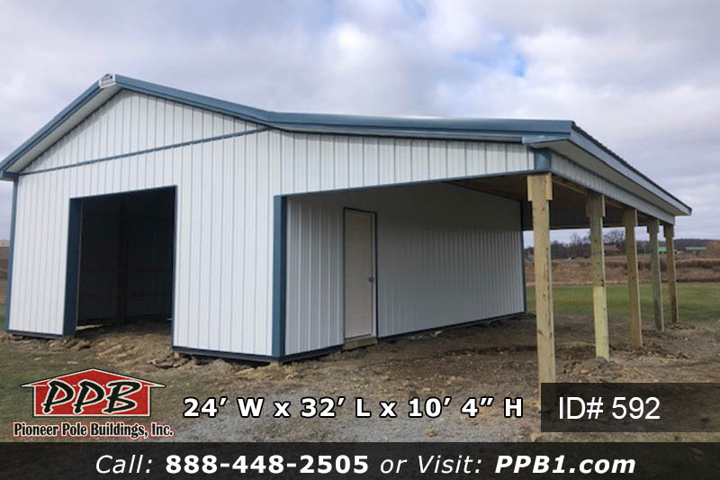 24’ W x 32’ L x 10’ 4” H (ID# 592) One Car Garage With Lean-To 24’ Standard Trusses, 4’ on Center 4/12 Pitch