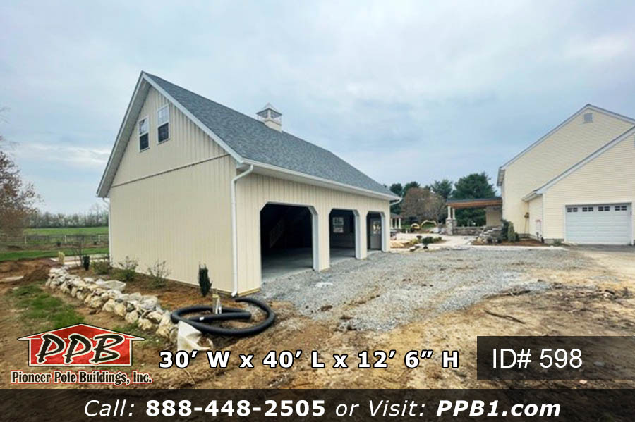 30’ W x 40’ L x 12’ 6” H (ID# 598) Beige Three-Car Garage with an Attic Floor