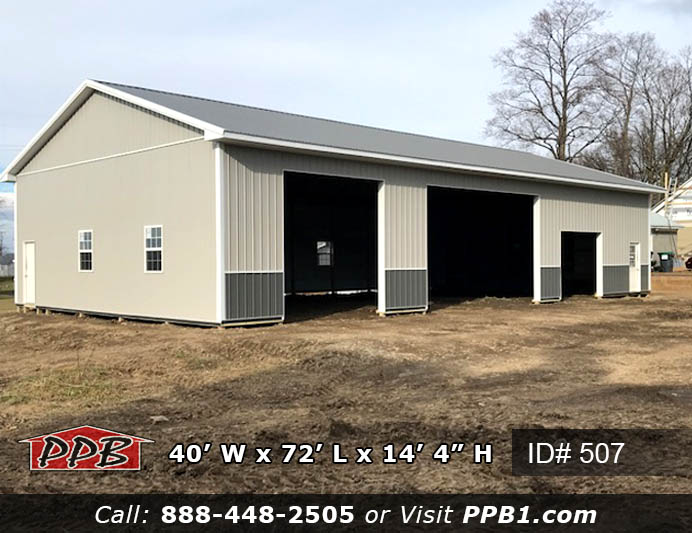 Two-Tone Pole Building Dimensions: 40’ W x 72’ L x 14’ 4” H (ID# 507) 40’ Standard Trusses, 4’ on Center 4/12 Pitch Two-Tone Pole Building Colors: Siding: Upper Color: Ash Gray Lower Color: Charcoal Roofing Color: Charcoal Trim Color: Brite White