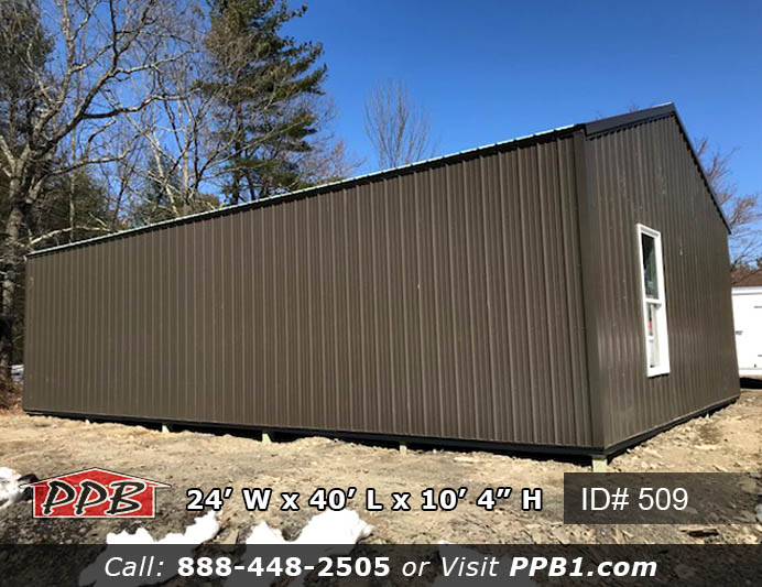 Bronze Two-Car Garage Dimensions: 24’ W x 40’ L x 10’ 4” H (ID# 509) 24’ Standard Trusses, 4’ on Center 4/12 Pitch Colors: Siding Color: Bronze Roofing Color: Patina Green Trim Color: Bronze Openings: (1) 9’ x 8’ Garage Door, Color: White (1) 16’ x 8’ Garage Door, Color: White (1) 3068 6-Panel Insulated Entry Door (1) Window (Customer Supplied)