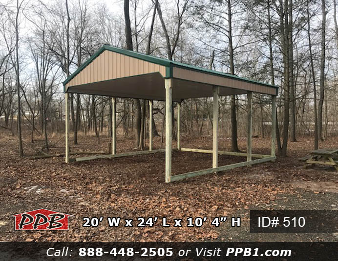 Pavilion Dimensions: 20’ W x 24’ L x 10’ 4” H (Pavilion) 20’ Standard Trusses, 4’ on Center 4/12 Pitch Colors: Siding Color: Tan Roofing Color: Ivy (Green) Trim Color: Ivy (Green) Openings: (4) Sides Open (Pavilion)
