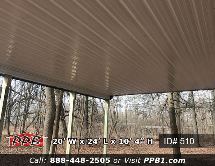 Pavilion Dimensions: 20’ W x 24’ L x 10’ 4” H (Pavilion) 20’ Standard Trusses, 4’ on Center 4/12 Pitch Colors: Siding Color: Tan Roofing Color: Ivy (Green) Trim Color: Ivy (Green) Openings: (4) Sides Open (Pavilion)