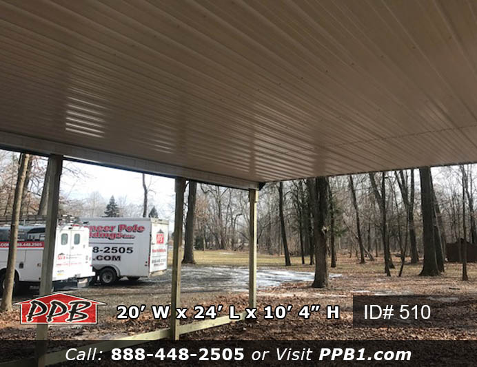 Pavilion Dimensions: 20’ W x 24’ L x 10’ 4” H (Pavilion) 20’ Standard Trusses, 4’ on Center 4/12 Pitch Colors: Siding Color: Tan Roofing Color: Ivy (Green) Trim Color: Ivy (Green) Openings: (4) Sides Open (Pavilion)