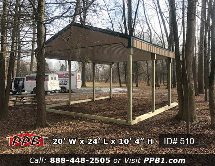 Pavilion Dimensions: 20’ W x 24’ L x 10’ 4” H (Pavilion) 20’ Standard Trusses, 4’ on Center 4/12 Pitch Colors: Siding Color: Tan Roofing Color: Ivy (Green) Trim Color: Ivy (Green) Openings: (4) Sides Open (Pavilion)