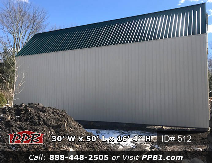 Gambrel Barn Dimensions: 30’ W x 50’ L x 16’ 4” H (ID# 512) 30’ Gambrel Trusses, 2’ on Center Colors: Siding Color: Light Stone Roofing Color: Ivy (Green) Trim Color: Light Stone & Ivy (Green) Openings: (1) 10’ x 14’ Garage Door (2) 12’ x 14’ Garage Doors (1) 9-Lite Entry Door (Insulated) (3) 3’ x 4’ Single Hung Insulated Windows with Screens & Grids (1) 6’ x 6’ Single Slider Door with 3’ x 3’ Window