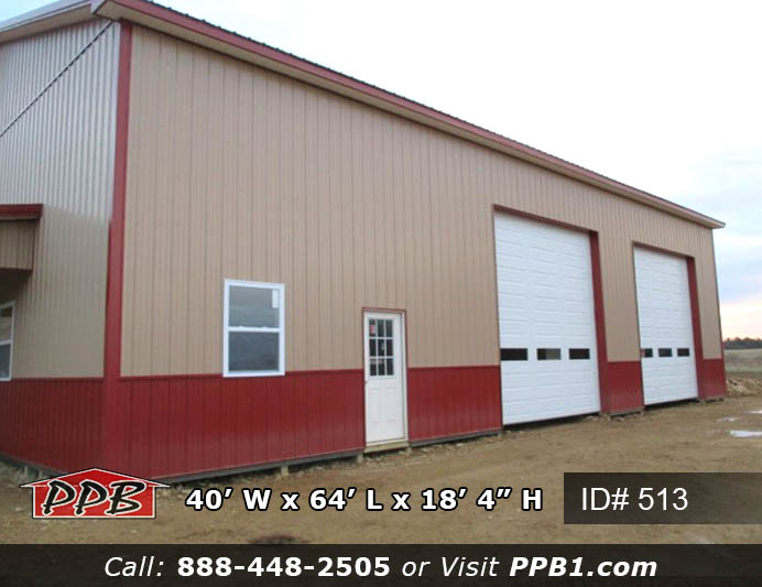 Custom Pole Building Dimensions: 40’ W x 64’ L x 18’ 4” H (ID# 513) 40’ Standard Trusses, 4’ on Center 4/12 Pitch Colors: Siding: Upper Color: Tan Lower Color: Red Roofing Color: Red Trim Color: Red Openings: (2) 14’ x 14’ Garage Doors with Windows (1) 10’ x 10’ Garage Door with Windows (2) 3068 9-Lite Entry Doors (Insulated) (8) 3’ x 4’ Single-Hung Windows with Screens & No Grids