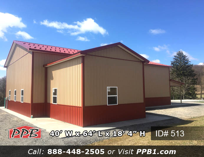 Custom Pole Building Dimensions: 40’ W x 64’ L x 18’ 4” H (ID# 513) 40’ Standard Trusses, 4’ on Center 4/12 Pitch Colors: Siding: Upper Color: Tan Lower Color: Red Roofing Color: Red Trim Color: Red Openings: (2) 14’ x 14’ Garage Doors with Windows (1) 10’ x 10’ Garage Door with Windows (2) 3068 9-Lite Entry Doors (Insulated) (8) 3’ x 4’ Single-Hung Windows with Screens & No Grids