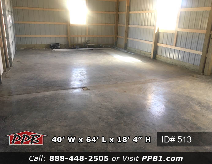Custom Pole Building Dimensions: 40’ W x 64’ L x 18’ 4” H (ID# 513) 40’ Standard Trusses, 4’ on Center 4/12 Pitch Colors: Siding: Upper Color: Tan Lower Color: Red Roofing Color: Red Trim Color: Red Openings: (2) 14’ x 14’ Garage Doors with Windows (1) 10’ x 10’ Garage Door with Windows (2) 3068 9-Lite Entry Doors (Insulated) (8) 3’ x 4’ Single-Hung Windows with Screens & No Grids