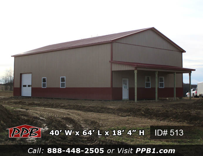 Custom Pole Building Dimensions: 40’ W x 64’ L x 18’ 4” H (ID# 513) 40’ Standard Trusses, 4’ on Center 4/12 Pitch Colors: Siding: Upper Color: Tan Lower Color: Red Roofing Color: Red Trim Color: Red Openings: (2) 14’ x 14’ Garage Doors with Windows (1) 10’ x 10’ Garage Door with Windows (2) 3068 9-Lite Entry Doors (Insulated) (8) 3’ x 4’ Single-Hung Windows with Screens & No Grids