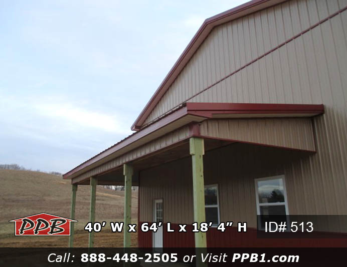 Custom Pole Building Dimensions: 40’ W x 64’ L x 18’ 4” H (ID# 513) 40’ Standard Trusses, 4’ on Center 4/12 Pitch Colors: Siding: Upper Color: Tan Lower Color: Red Roofing Color: Red Trim Color: Red Openings: (2) 14’ x 14’ Garage Doors with Windows (1) 10’ x 10’ Garage Door with Windows (2) 3068 9-Lite Entry Doors (Insulated) (8) 3’ x 4’ Single-Hung Windows with Screens & No Grids