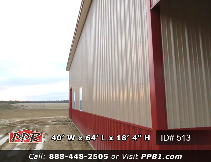 Custom Pole Building Dimensions: 40’ W x 64’ L x 18’ 4” H (ID# 513) 40’ Standard Trusses, 4’ on Center 4/12 Pitch Colors: Siding: Upper Color: Tan Lower Color: Red Roofing Color: Red Trim Color: Red Openings: (2) 14’ x 14’ Garage Doors with Windows (1) 10’ x 10’ Garage Door with Windows (2) 3068 9-Lite Entry Doors (Insulated) (8) 3’ x 4’ Single-Hung Windows with Screens & No Grids