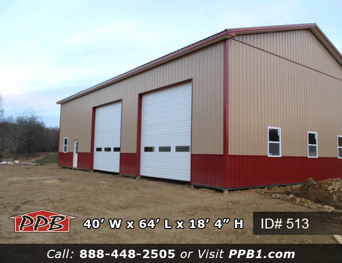 Custom Pole Building Dimensions: 40’ W x 64’ L x 18’ 4” H (ID# 513) 40’ Standard Trusses, 4’ on Center 4/12 Pitch Colors: Siding: Upper Color: Tan Lower Color: Red Roofing Color: Red Trim Color: Red Openings: (2) 14’ x 14’ Garage Doors with Windows (1) 10’ x 10’ Garage Door with Windows (2) 3068 9-Lite Entry Doors (Insulated) (8) 3’ x 4’ Single-Hung Windows with Screens & No Grids