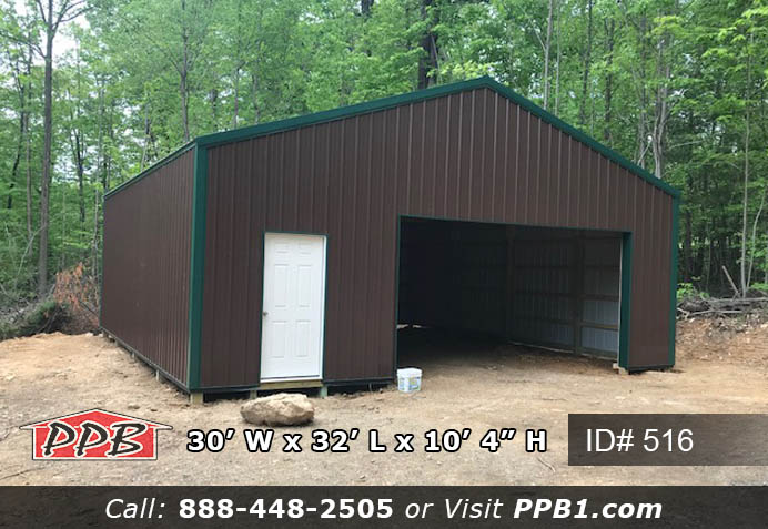 One Car Garage Dimensions: 30’ W x 32’ L x 10’ 4” H 30’ Standard Trusses, 4’ on Center 4/12 Pitch Colors: Siding Color: Brown Roofing Color: Ivy (Green) Trim Color: Ivy (Green) Openings: (1) 16’ x 8’ Garage Door (1) 3068 6-Panel Entry Door (Insulated)