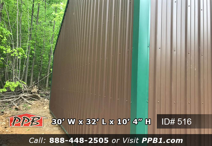 One Car Garage Dimensions: 30’ W x 32’ L x 10’ 4” H 30’ Standard Trusses, 4’ on Center 4/12 Pitch Colors: Siding Color: Brown Roofing Color: Ivy (Green) Trim Color: Ivy (Green) Openings: (1) 16’ x 8’ Garage Door (1) 3068 6-Panel Entry Door (Insulated)