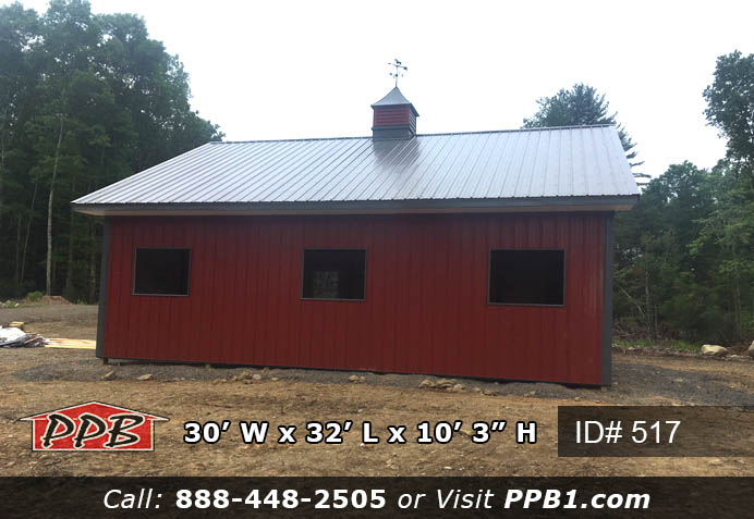 Pole Building Dimensions: 30’ W x 32’ L x 10’ 3” H (ID# 517) Red Building with Cupola 30’ Standard Trusses, 4’ on Center 6/12 Pitch Colors: Siding Color: Red Roofing Color: Charcoal Trim Color: Charcoal Openings: (1) 10’ x 10’ Split Slider Door, Color: Charcoal (1) 10’ x 10’ Split Slider Door with (2) 3’ x 3” Windows with Grids, Color: Charcoal (1) 3068 9-Lite Entry Door (Insulated) (3) Windows (Frame-Out Only) (1) 3’ x 4’ Single-Hung Windows with Screens & Grids 