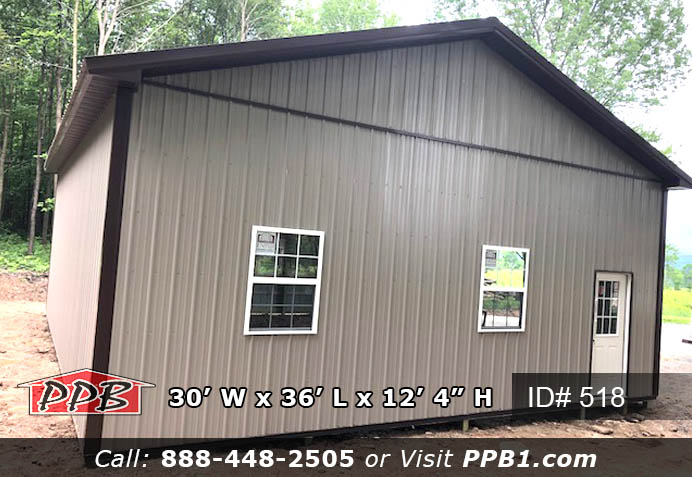 Dimensions: 30’ W x 36’ L x 12’ 4” H (ID# 518) 30’ Standard Trusses, 4’ on Center 4/12 Pitch Colors: Siding Color: Clay Roofing Color: Brown Trim Color: Brown Openings: (2) 10’ x 10’ Carriage Garage Doors, Color: White, with Arched Stockton Windows (1) 3068 9-Lite Insulated Entry Door (4) 3’ x 4’ Single-Hung Windows with Screens & Grids, Color: White