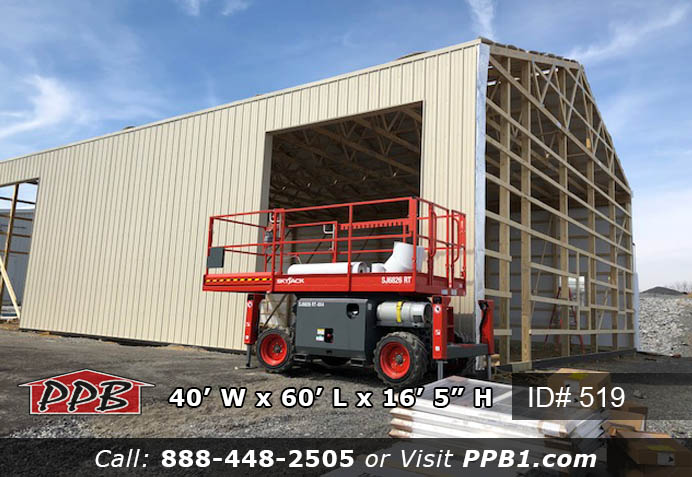 Pole Building Dimensions: 40’ W x 60’ L x 16’ 5” H (ID# 519) Nice Size Storage Building 40’ Standard Trusses, 4’ on Center 4/12 Pitch Colors: Siding Color: Light Stone Roofing Color: Light Stone Trim Color: Light Stone Openings: (2) 12’ x 14’ Garage Doors, Color: White (2) 3068 9-Lite Insulated Entry Doors (8) 3’ x 4’ Single-Hung Windows with Screens & Grids, Color: White 