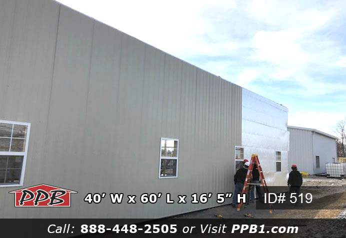 Pole Building Dimensions: 40’ W x 60’ L x 16’ 5” H (ID# 519) Nice Size Storage Building 40’ Standard Trusses, 4’ on Center 4/12 Pitch Colors: Siding Color: Light Stone Roofing Color: Light Stone Trim Color: Light Stone Openings: (2) 12’ x 14’ Garage Doors, Color: White (2) 3068 9-Lite Insulated Entry Doors (8) 3’ x 4’ Single-Hung Windows with Screens & Grids, Color: White 