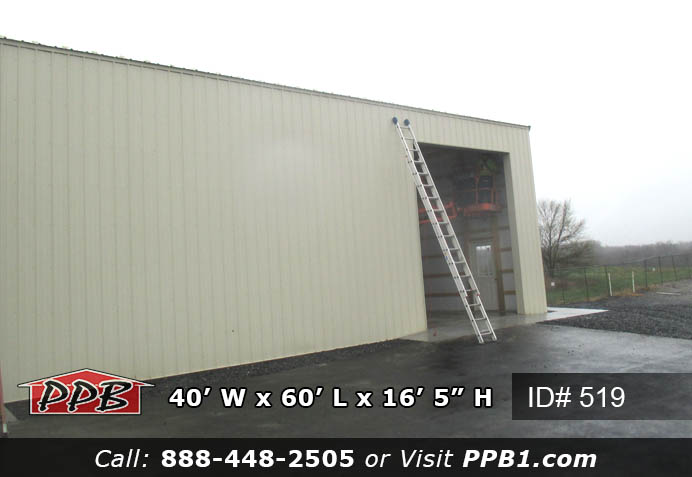 Pole Building Dimensions: 40’ W x 60’ L x 16’ 5” H (ID# 519) Nice Size Storage Building 40’ Standard Trusses, 4’ on Center 4/12 Pitch Colors: Siding Color: Light Stone Roofing Color: Light Stone Trim Color: Light Stone Openings: (2) 12’ x 14’ Garage Doors, Color: White (2) 3068 9-Lite Insulated Entry Doors (8) 3’ x 4’ Single-Hung Windows with Screens & Grids, Color: White 