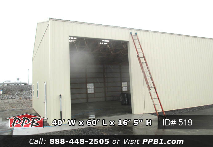Pole Building Dimensions: 40’ W x 60’ L x 16’ 5” H (ID# 519) Nice Size Storage Building 40’ Standard Trusses, 4’ on Center 4/12 Pitch Colors: Siding Color: Light Stone Roofing Color: Light Stone Trim Color: Light Stone Openings: (2) 12’ x 14’ Garage Doors, Color: White (2) 3068 9-Lite Insulated Entry Doors (8) 3’ x 4’ Single-Hung Windows with Screens & Grids, Color: White 