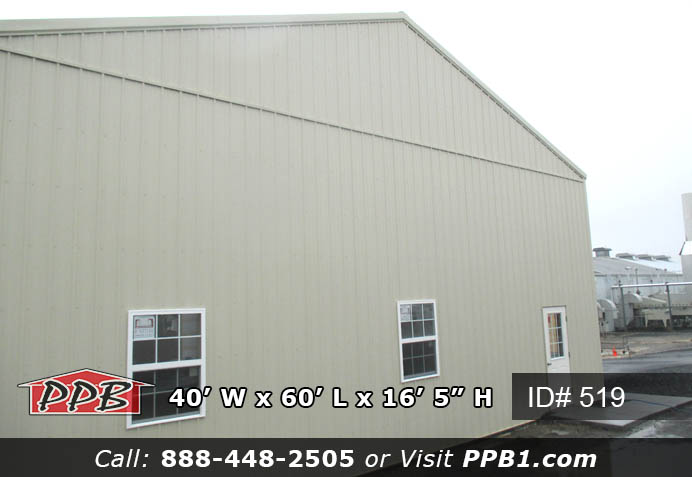 Pole Building Dimensions: 40’ W x 60’ L x 16’ 5” H (ID# 519) Nice Size Storage Building 40’ Standard Trusses, 4’ on Center 4/12 Pitch Colors: Siding Color: Light Stone Roofing Color: Light Stone Trim Color: Light Stone Openings: (2) 12’ x 14’ Garage Doors, Color: White (2) 3068 9-Lite Insulated Entry Doors (8) 3’ x 4’ Single-Hung Windows with Screens & Grids, Color: White 