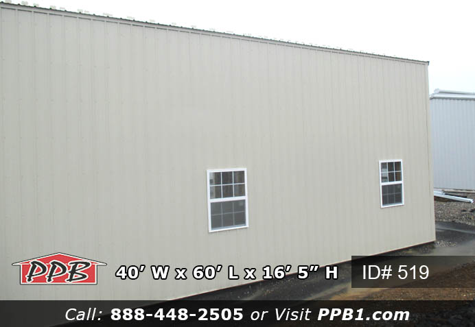 Pole Building Dimensions: 40’ W x 60’ L x 16’ 5” H (ID# 519) Nice Size Storage Building 40’ Standard Trusses, 4’ on Center 4/12 Pitch Colors: Siding Color: Light Stone Roofing Color: Light Stone Trim Color: Light Stone Openings: (2) 12’ x 14’ Garage Doors, Color: White (2) 3068 9-Lite Insulated Entry Doors (8) 3’ x 4’ Single-Hung Windows with Screens & Grids, Color: White 