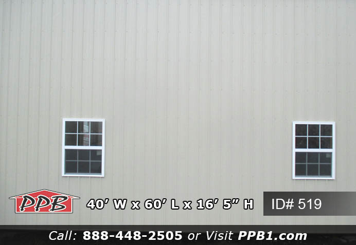 Pole Building Dimensions: 40’ W x 60’ L x 16’ 5” H (ID# 519) Nice Size Storage Building 40’ Standard Trusses, 4’ on Center 4/12 Pitch Colors: Siding Color: Light Stone Roofing Color: Light Stone Trim Color: Light Stone Openings: (2) 12’ x 14’ Garage Doors, Color: White (2) 3068 9-Lite Insulated Entry Doors (8) 3’ x 4’ Single-Hung Windows with Screens & Grids, Color: White 