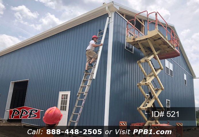 Pole Building Dimensions: 60’ W x 200’ L x 20’ 6” H (ID# 521) Big Blue Machine Shop 60’ Standard Trusses, 4’ on Center 4/12 Pitch Colors: Siding Color: Ocean Blue Roofing Color: Brite White Trim Color: Brite White Openings: (1) 20’ x 16’ Hi-Lift Commercial Garage Door (2) 10’ x 10’ Hi-Lift Commercial Garage Doors (6) 3068 6-Panel Insulated Entry Doors (1) 3068 9-Lite Insulated Entry Door (7) 3’ x 4’ Single-Hung Windows with Screens, Color: White 