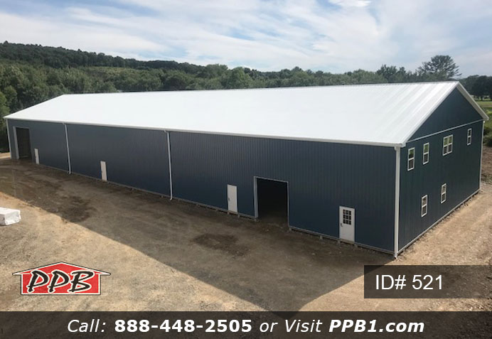 Pole Building Dimensions: 60’ W x 200’ L x 20’ 6” H (ID# 521) Big Blue Machine Shop 60’ Standard Trusses, 4’ on Center 4/12 Pitch Colors: Siding Color: Ocean Blue Roofing Color: Brite White Trim Color: Brite White Openings: (1) 20’ x 16’ Hi-Lift Commercial Garage Door (2) 10’ x 10’ Hi-Lift Commercial Garage Doors (6) 3068 6-Panel Insulated Entry Doors (1) 3068 9-Lite Insulated Entry Door (7) 3’ x 4’ Single-Hung Windows with Screens, Color: White 