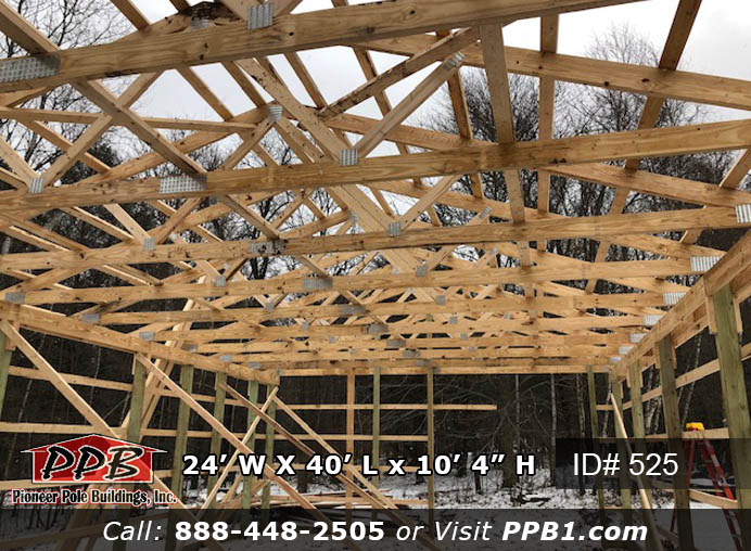 Board & Batten Pole Building Dimensions: 24’ W x 40’ L x 10 ’ 4” H (ID# 525) Board & Batten Horse Home & Storage Garage 24’ Standard Trusses, 4’ on Center 4/12 Pitch Colors: Siding: Natural (Board & Batten) Roofing Color: Ash Gray Trim Color: Ash Gray & Natural (Board & Batten) Openings: (2) 10’ x 10’ Slider Doors, Non-Insulated, Color: Natural (Board & Batten), with White Frame (1) 4’ x 7’ Pine Dutch Doors, Outswing, Color: Natural (3) 4’ x 4’ Fixed Glass Windows with Grids, Color: White (2) 3’ x 4’ Single-Hung Windows with Grids & Screen, Color: White 
