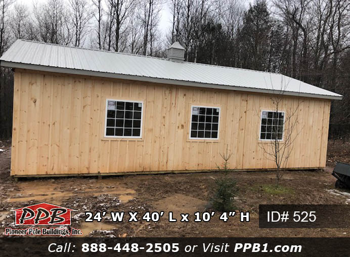 Board & Batten Pole Building Dimensions: 24’ W x 40’ L x 10 ’ 4” H (ID# 525) Board & Batten Horse Home & Storage Garage 24’ Standard Trusses, 4’ on Center 4/12 Pitch Colors: Siding: Natural (Board & Batten) Roofing Color: Ash Gray Trim Color: Ash Gray & Natural (Board & Batten) Openings: (2) 10’ x 10’ Slider Doors, Non-Insulated, Color: Natural (Board & Batten), with White Frame (1) 4’ x 7’ Pine Dutch Doors, Outswing, Color: Natural (3) 4’ x 4’ Fixed Glass Windows with Grids, Color: White (2) 3’ x 4’ Single-Hung Windows with Grids & Screen, Color: White 