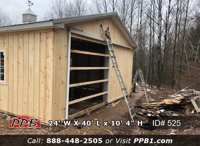 Board & Batten Pole Building Dimensions: 24’ W x 40’ L x 10 ’ 4” H (ID# 525) Board & Batten Horse Home & Storage Garage 24’ Standard Trusses, 4’ on Center 4/12 Pitch Colors: Siding: Natural (Board & Batten) Roofing Color: Ash Gray Trim Color: Ash Gray & Natural (Board & Batten) Openings: (2) 10’ x 10’ Slider Doors, Non-Insulated, Color: Natural (Board & Batten), with White Frame (1) 4’ x 7’ Pine Dutch Doors, Outswing, Color: Natural (3) 4’ x 4’ Fixed Glass Windows with Grids, Color: White (2) 3’ x 4’ Single-Hung Windows with Grids & Screen, Color: White 