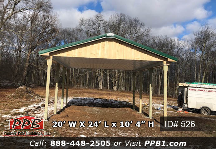 Board and Batten Pavilion Dimensions: 20’ W x 24’ L x 10’ 4” H – Pavilion (ID# 526) 20’ Standard Trusses, 4’ on Center, 4/12 Pitch Colors: Siding Color: Board&Batten Natural Roofing Color: Ivy Trim Color: Ivy