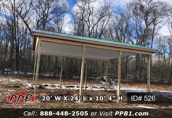Board and Batten Pavilion Dimensions: 20’ W x 24’ L x 10’ 4” H – Pavilion (ID# 526) 20’ Standard Trusses, 4’ on Center, 4/12 Pitch Colors: Siding Color: Board&Batten Natural Roofing Color: Ivy Trim Color: Ivy
