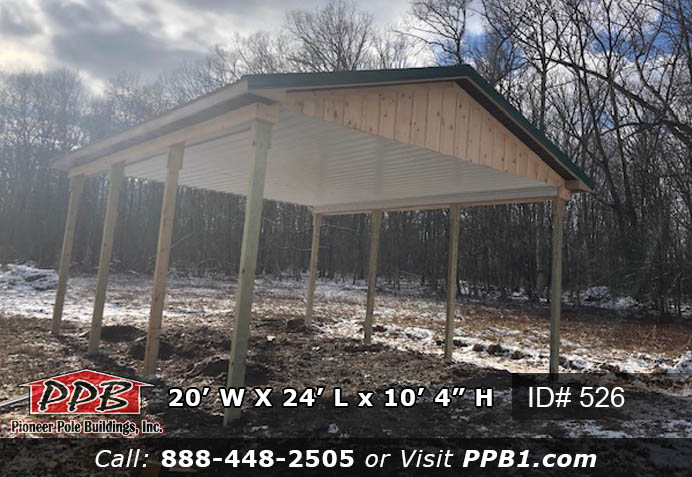 Board and Batten Pavilion Dimensions: 20’ W x 24’ L x 10’ 4” H – Pavilion (ID# 526) 20’ Standard Trusses, 4’ on Center, 4/12 Pitch Colors: Siding Color: Board&Batten Natural Roofing Color: Ivy Trim Color: Ivy