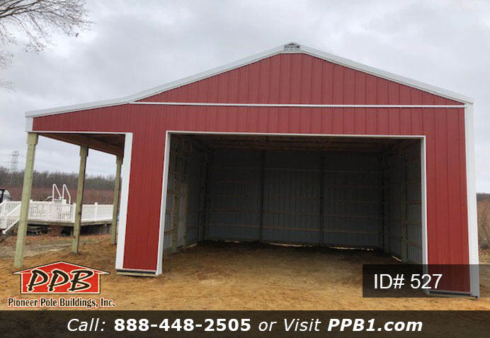 Red Pole Building Dimensions: 24’ W x 28’ L x 12’ 4” H (ID# 527) 24’ Standard Trusses, 4’ on Center 4/12 Pitch Colors: Siding Color: Red Roofing Color: Brite White Trim Color: Brite White Openings: (1) 18’ x 10’ Residential Garage Door (1) 3068 6-Panel Insulated Entry Door