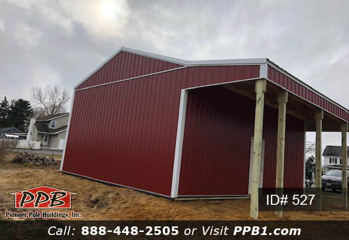 Red Pole Building Dimensions: 24’ W x 28’ L x 12’ 4” H (ID# 527) 24’ Standard Trusses, 4’ on Center 4/12 Pitch Colors: Siding Color: Red Roofing Color: Brite White Trim Color: Brite White Openings: (1) 18’ x 10’ Residential Garage Door (1) 3068 6-Panel Insulated Entry Door
