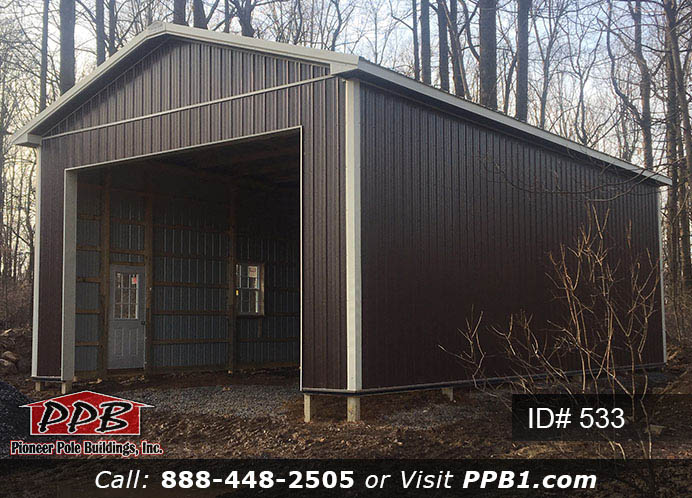 Pole Building Dimensions: 24’ W x 40’ L x 14’ 4” H (ID# 533) 24’ Standard Trusses, 4’ on Center 4/12 Pitch Colors: Siding Color: Brown Roofing Color: Clay Trim Color: Light Stone Openings: (1) 18” x 12” Residential Premium Garage Door with (4) Windows (1) 3068 9-Lite Insulated Entry Door (2) 3’ x 4’ Single-Hung Insulated Windows with Screens & Grids (1) Ceiling Access Door, Color: Bright White