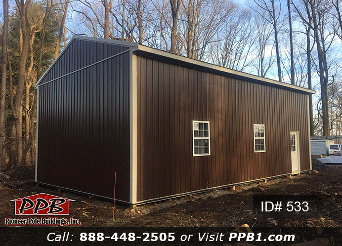 Pole Building Dimensions: 24’ W x 40’ L x 14’ 4” H (ID# 533) 24’ Standard Trusses, 4’ on Center 4/12 Pitch Colors: Siding Color: Brown Roofing Color: Clay Trim Color: Light Stone Openings: (1) 18” x 12” Residential Premium Garage Door with (4) Windows (1) 3068 9-Lite Insulated Entry Door (2) 3’ x 4’ Single-Hung Insulated Windows with Screens & Grids (1) Ceiling Access Door, Color: Bright White