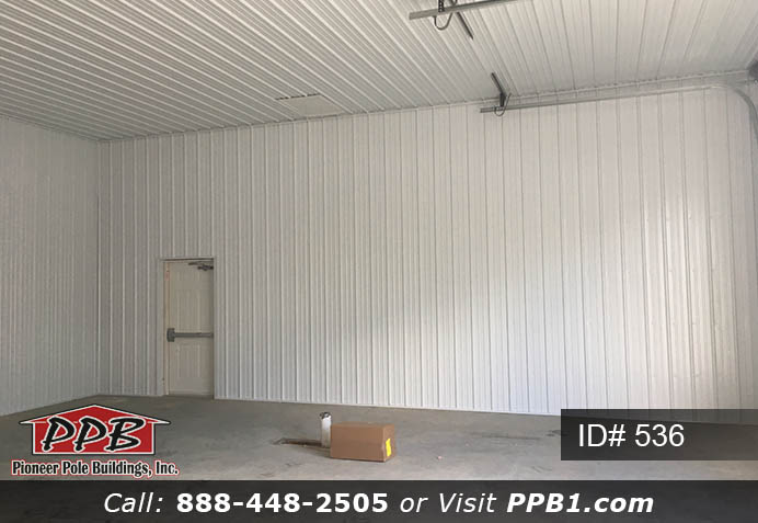 Pole Building Dimensions: 32’ W x 48’ L x 14’ 6” H (ID# 536) 32’ Standard Trusses, 4’ on Center 4/12 Pitch Colors: Siding Color: White Roofing Color: White Trim Color: White