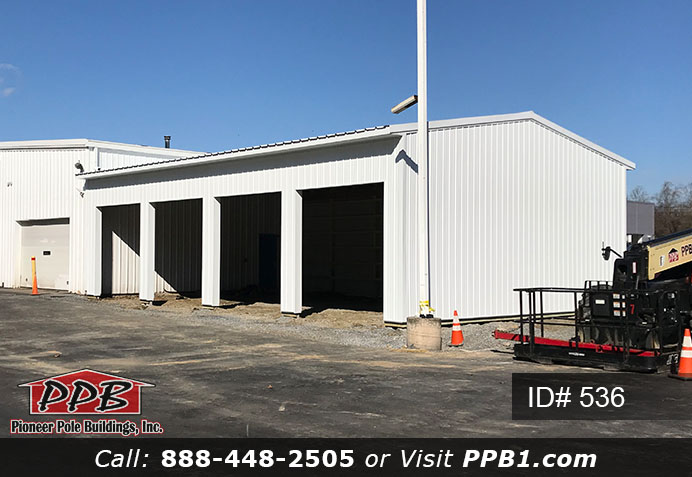 Pole Building Dimensions: 32’ W x 48’ L x 14’ 6” H (ID# 536) 32’ Standard Trusses, 4’ on Center 4/12 Pitch Colors: Siding Color: White Roofing Color: White Trim Color: White