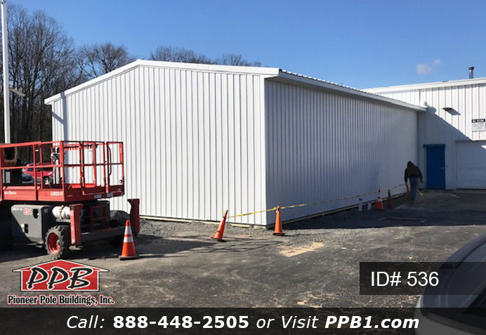 Pole Building Dimensions: 32’ W x 48’ L x 14’ 6” H (ID# 536) 32’ Standard Trusses, 4’ on Center 4/12 Pitch Colors: Siding Color: White Roofing Color: White Trim Color: White
