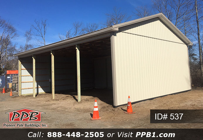 Pole Building Dimensions: 30’ W x 40’ L x 12’ 4” H (ID# 537) 30’ Standard Trusses, 4’ on Center 4/12 Pitch Colors: Siding Color: Light Stone Roofing Color: Clay Trim Color: Clay