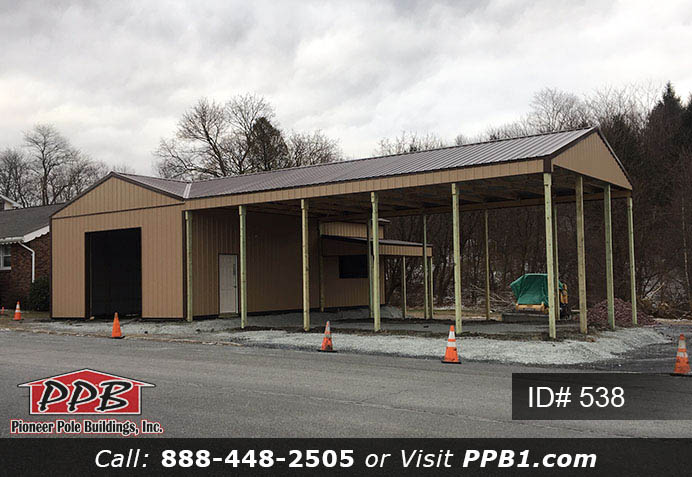 Pole Building Dimensions: 24’ W x 40’ L x 12’ 4” H (ID# 538) 24’ Standard Trusses, 4’ on Center 4/12 Pitch Colors: Siding Color: Tan Roofing Color: Brown Trim Color: Brown