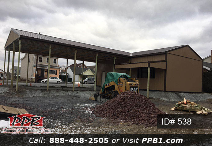 Pole Building Dimensions: 24’ W x 40’ L x 12’ 4” H (ID# 538) 24’ Standard Trusses, 4’ on Center 4/12 Pitch Colors: Siding Color: Tan Roofing Color: Brown Trim Color: Brown