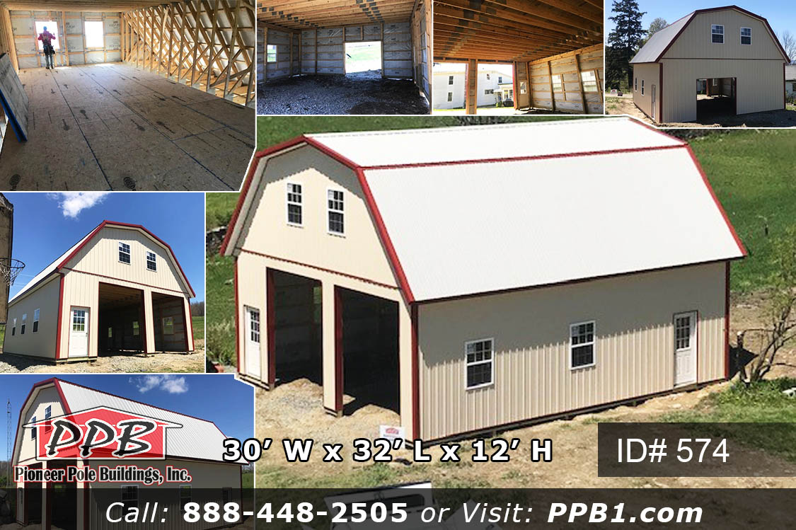 30’ W x 32’ L x 12’ H A Gambrel Garage with a Second Floor 30’ Gambrel Trusses, 2’ on Center Colors: Siding Color: Beige Roofing Color: Ash Gray Trim Color: Red