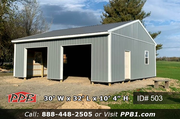 Residential Two-Car Garage Dimensions 30’ W x 32’ L x 10’ 4” H (ID# 503) 30’ Standard Trusses, 4’ on Center 4/12 Pitch Residential Two-Car Garage Colors Siding Color: Slate Roofing Color: Charcoal Trim Color: Ocean Brite White Residential Two-Car Garage Openings (2) 9’ x 8’ Residential Classic Raised Short Panel Insulated Garage Doors (1) 3068 6-Panel Fiberglass Insulated Entry Door (3) 3' x 4' Single-Hung Insulated White Windows with Screens & Grids